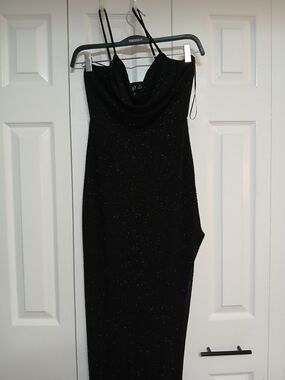 Windsor Black Glitter Long Slip Dress Cowl Neck Strappy Sleeve Size M Prom